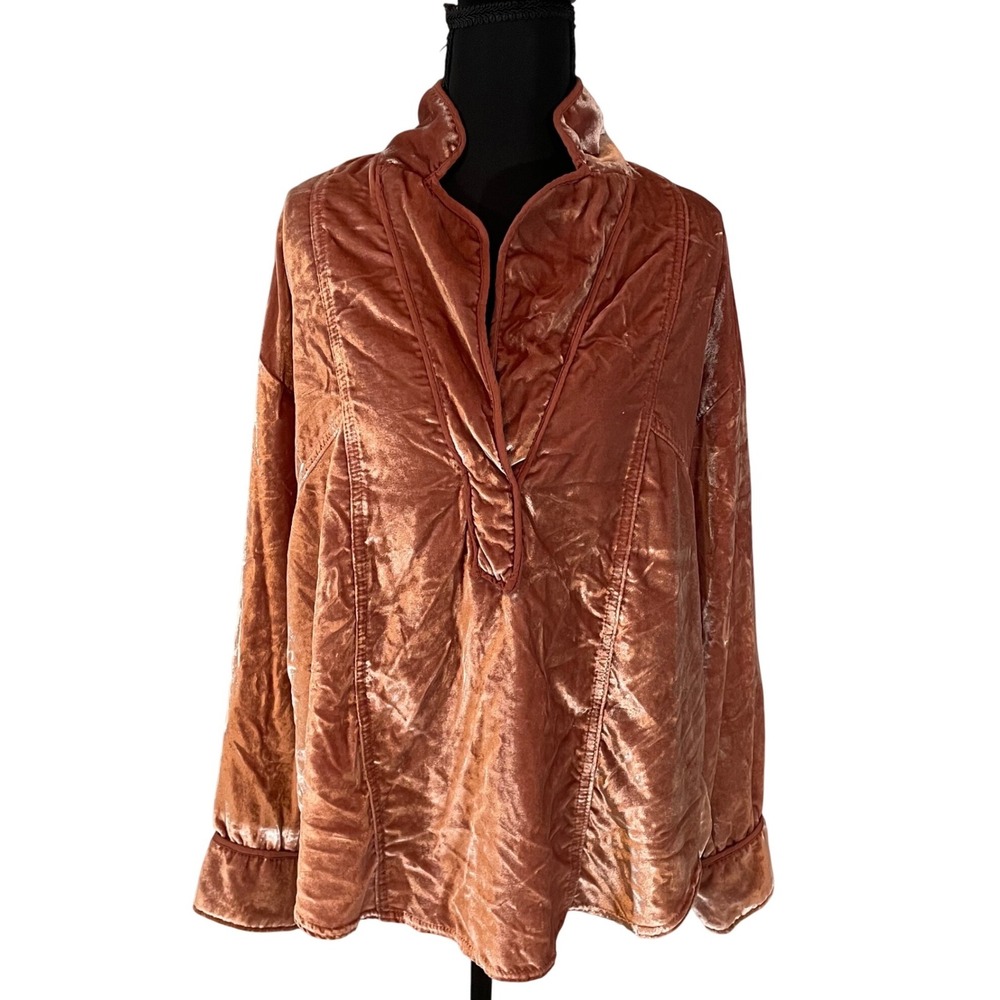 We The Free‎ Free People Terracotta Velvet V-Neck Tunic Top XS Relaxed Fit Boho